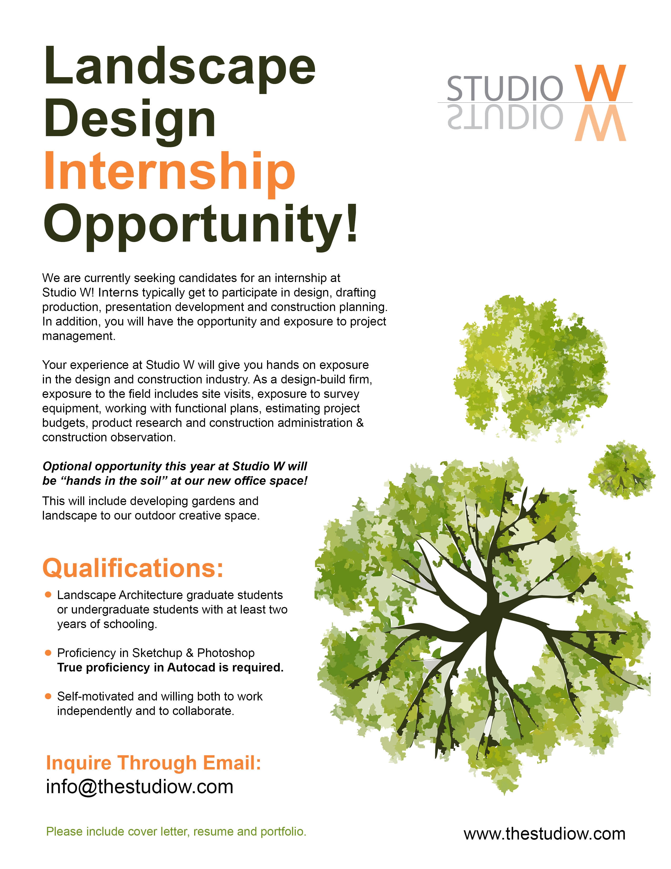 Studio W Landscape Design Internship Opportunity flyer 2026