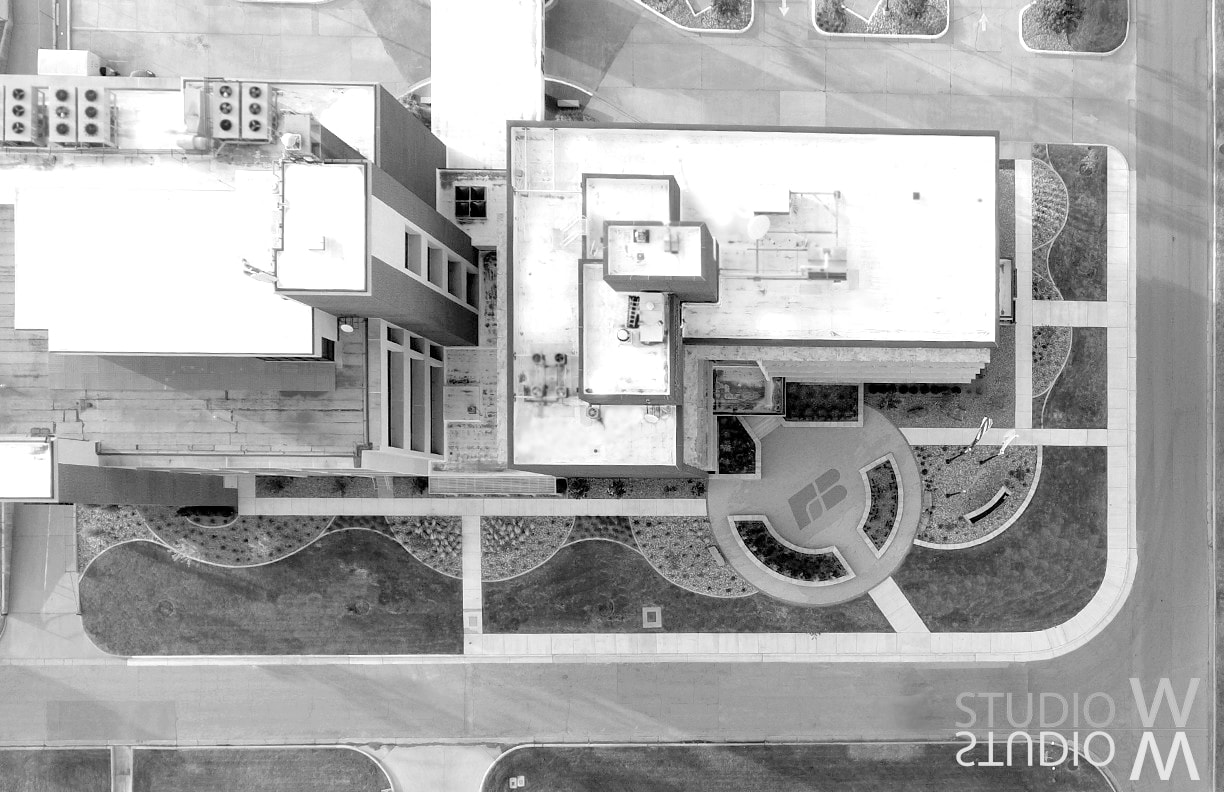 Black and white aerial site plan of Farm Bureau campus