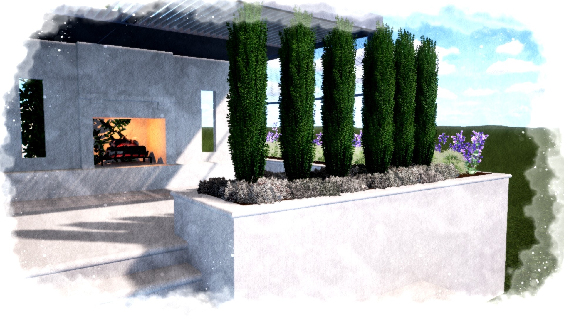 Studio W rendering of rooftop terrace with concrete fireplace, Italian cypress privacy screen, and steel pergola
