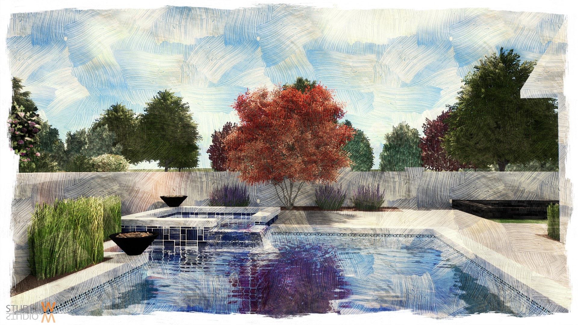Studio W rendering of geometric pool and raised spa with fire bowls, ornamental grasses, and red maple focal tree