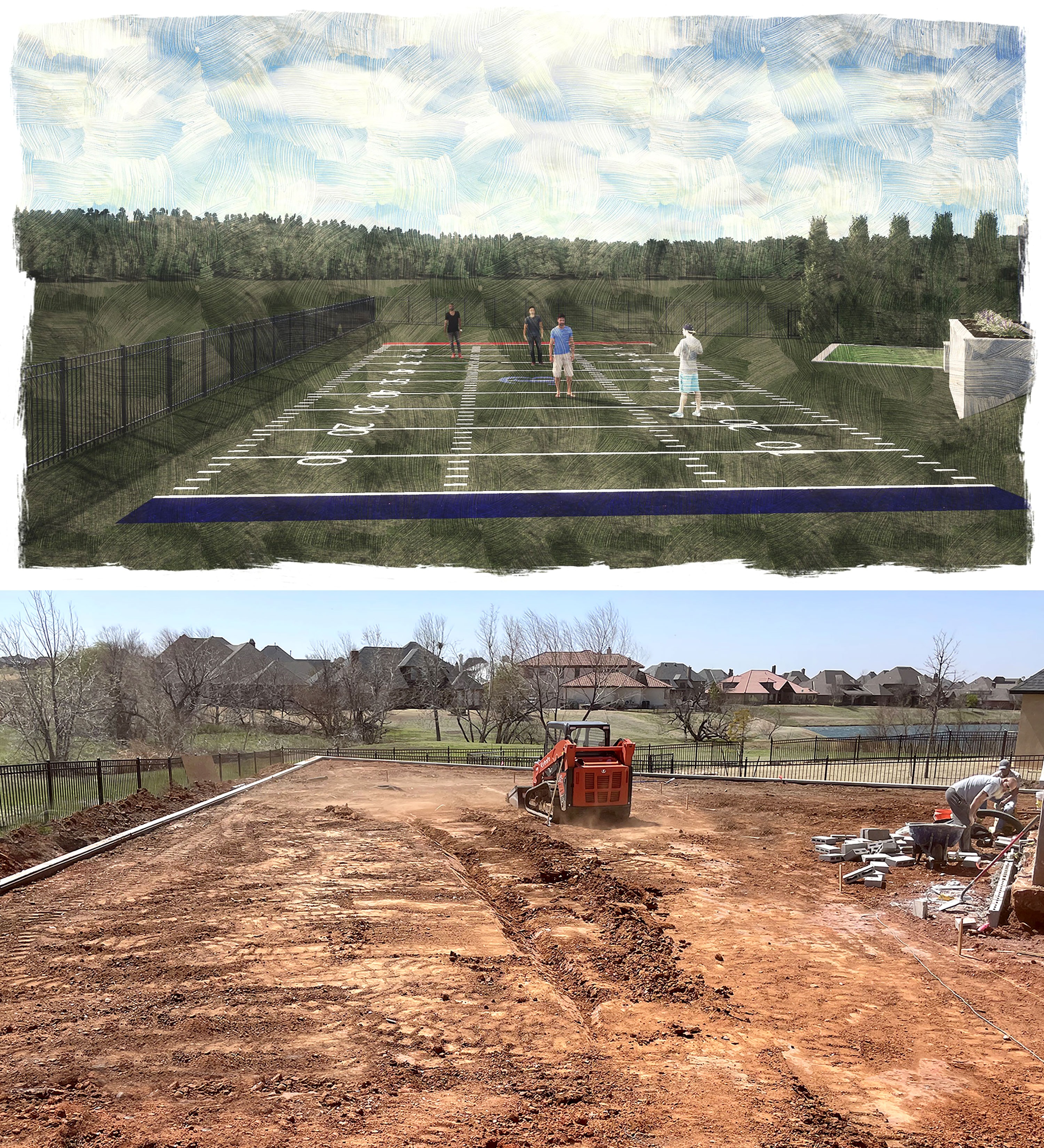 Side-by-side rendering and construction photo of private residential football field