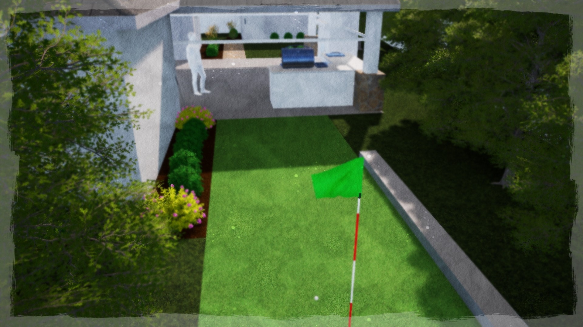 Aerial view of residential putting green with pergola and landscaping
