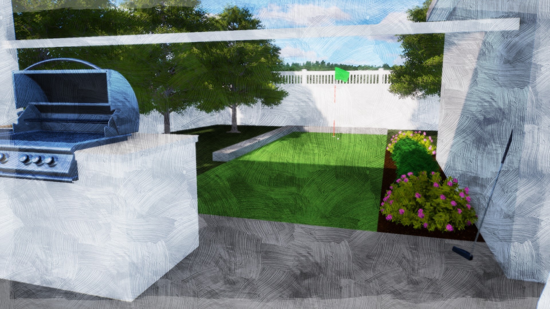 3D rendering of putting green with outdoor kitchen and planting beds